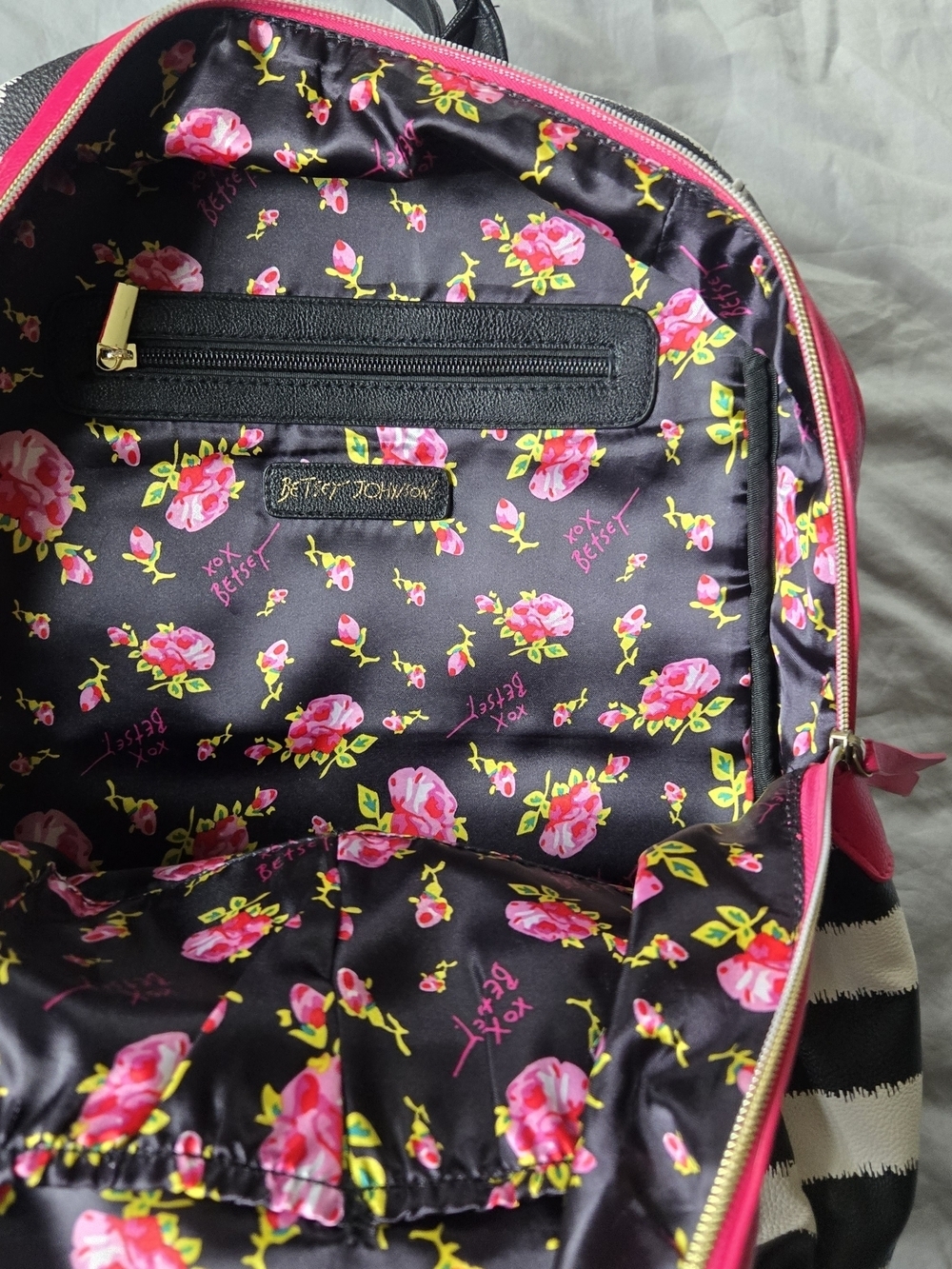 Betsey Johnson Rotary Phone Stripe Backpack with Hot Pink Trim Rose Interior - Picture 6 of 10